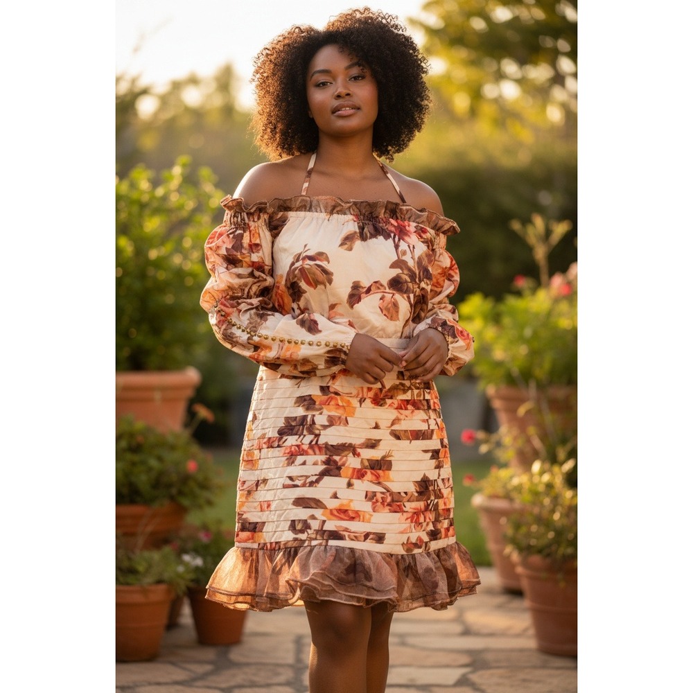 LAtiste by AMM Off Shoulder Floral Ruffle Dress 3X Gold Studded Sleeve
